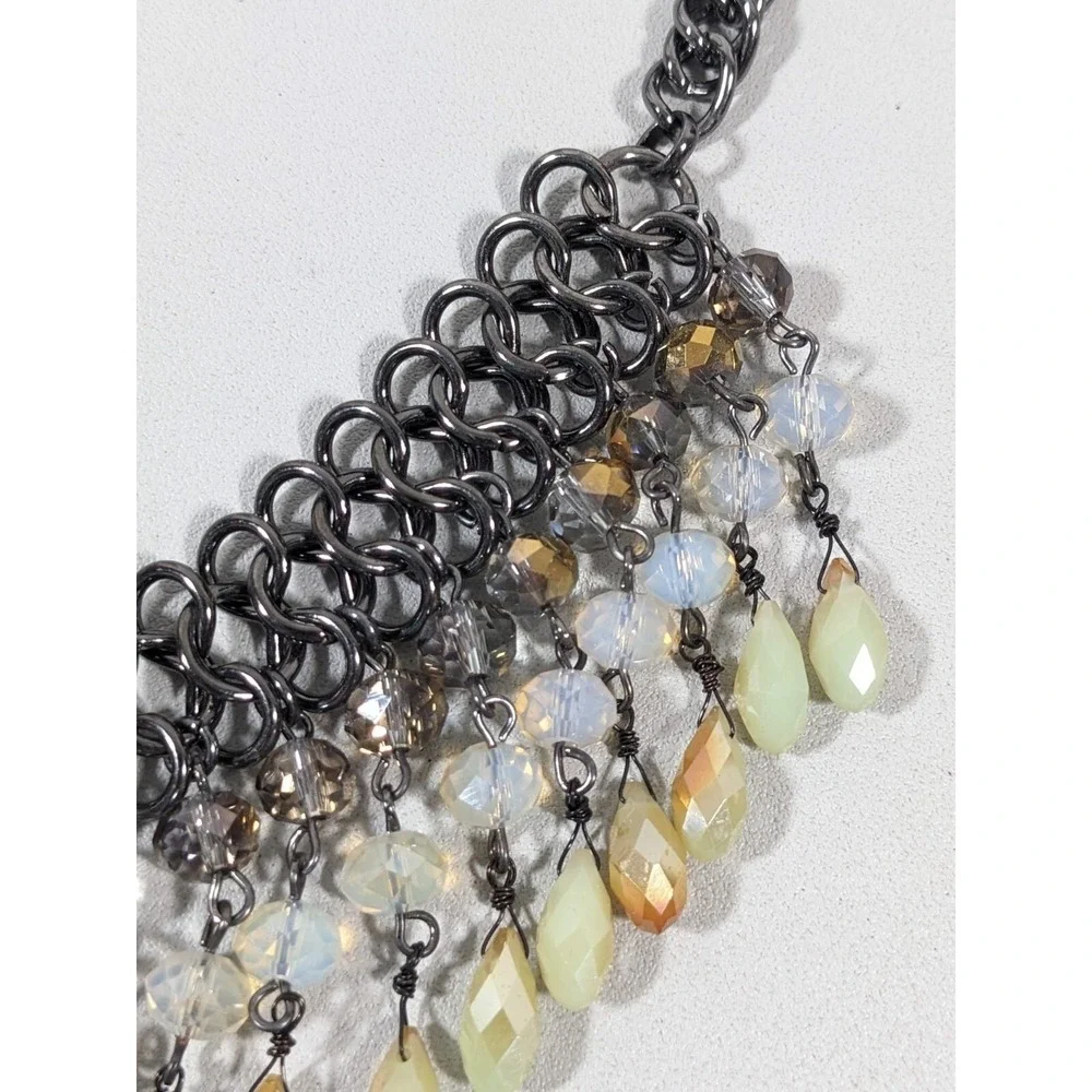 Gunmetal Gray Beige Glass Bead Woven‎ Bib Statement Necklace Fringe 20